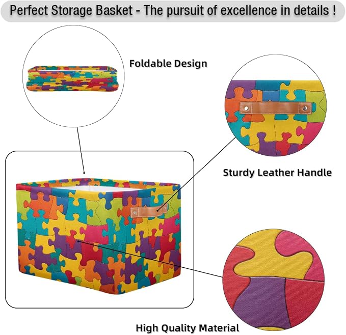 Rectangle Storage Baskets for Shelves, Colorful Puzzles Pattern Storage Cube Organizer Bins Collapsible Toy Basket for Nursery Home Room