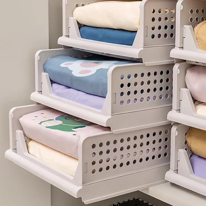 This Versatile Stackable Foldable Closet Clothing Storage with Drawer Shelves for Bedroom Kitchen Living Room Bathroom - White (4-Tier H-14cm + 3-Tier H-14cm)