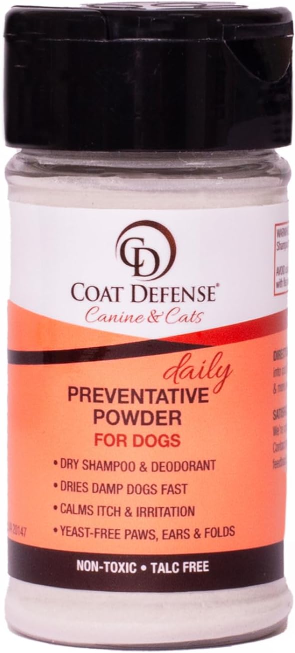 COAT DEFENSE Daily Preventative Powder | Made in USA | 3.5oz Waterless Dog Shampoo & Pet Deodorizer for Smelly Dogs | Provides Anti Itch Relief | Dog Shampoo for Dry Itchy Skin