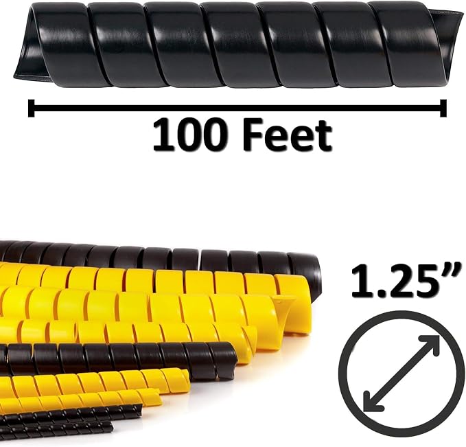 Electriduct 1.25 Inch Heavy Duty Spiral Wrap HDPE Flexible Plastic Cable Sleeve Hose Protector 100 Feet - Black