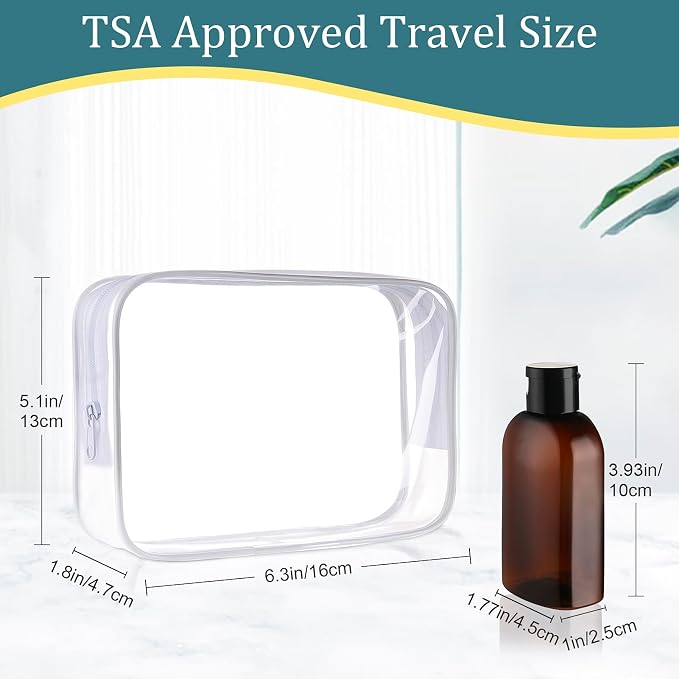 Cosywell 4 Pack 3.4 oz Preprinted Travel Bottles for Toiletries | Brown Bottles are Preprinted with SHAMPOO, CONDITIONER and BODY SOAP, One is Blank, Includes Flip Caps and a Toiletry Bag
