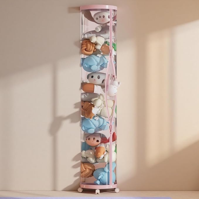 Upgraded Stuffed Animal Storage Tube,Tall (150cm) Plush Organizer with 4 Wheels,Pink PET Clear Bucket & Double Zipper, Space-Saving Toy Storage for Kids Room,Tidy Zoo Bin for Stuffed Animals
