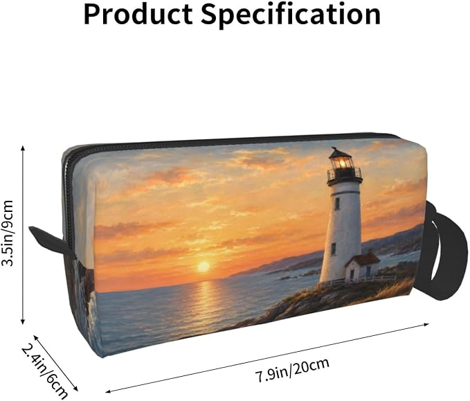 Lighthouse at Golden Sunset Makeup Bag for Women, Cosmetic Pouch | Double-Sided Sunset Lighthouse Cosmetic Organizer with Foam Padding for Women, Travel, Gym, School, and Daily Storage