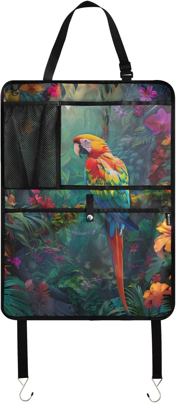 JIPONI Car Backseat Organizer, Parrot Macaw Tropical Automotive Back Seat Protector, Kick Mats with Storage Pockets for Kids Pets, Road Trip Accessories (2 Pack)