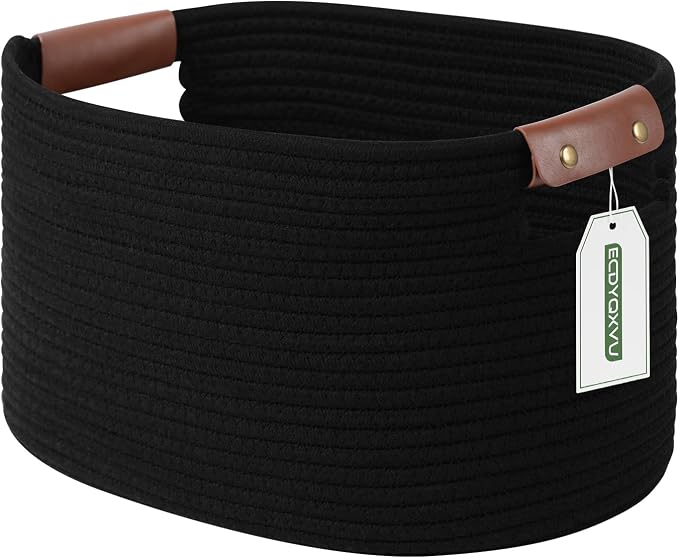ECDYQXVU 15x10x9 Black Woven Cotton Rope Storage Basket Handles 1 Pack | Foldable Design, Leather Handles, Easy to Clean Organizer for Living Room, Closet, Shelves, Bedroom, Laundry, Clothes