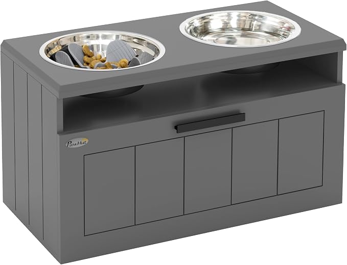 PawHut Elevated Dog Bowls Raised Dog Feeder with Storage Gray | 2 Stainless Steel Bowls, Slow Feeder Mat, Feeding Station, Large Extra Large Breeds
