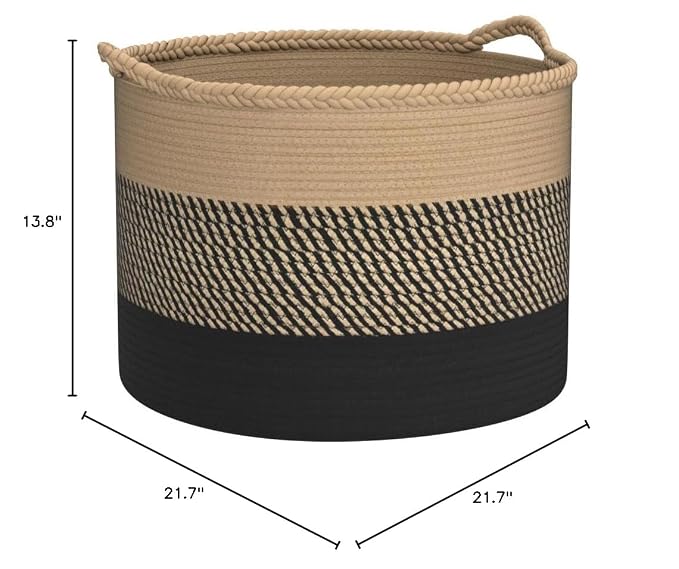 COMSE XXXLarge Woven Blanket & Laundry Basket, 87L, Brown & Black | 21.7" x 13.8", Cotton Rope, Nursery Hamper for Storage of Toys Clothes Towels, Ideal for Living Room Bedroom Bathroom