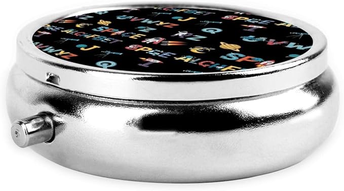 Travel Pill Case, Round Metal Organizer, Small Dispenser for Supplements, Pocket Purse Holder for Outdoor Adventures, Space Solar System Galaxy Science Rocket Planet Astronaut English Alphabet