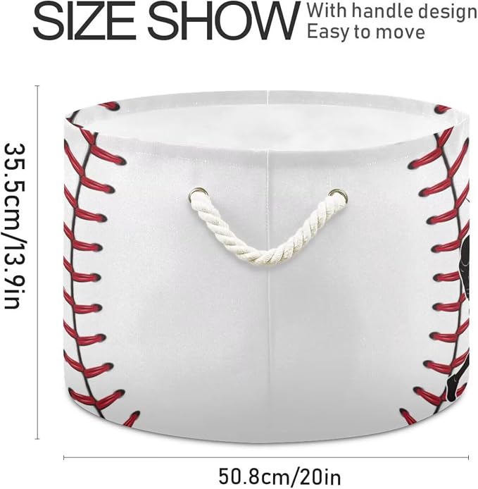 Baseball Pattern Collapsible Round Storage Basket with Handles | Sport Ball Large Laundry Baskets Hamper, Organizer Bin for Nursery Bedroom Living Room Decor, 20x 20x 14 Inches