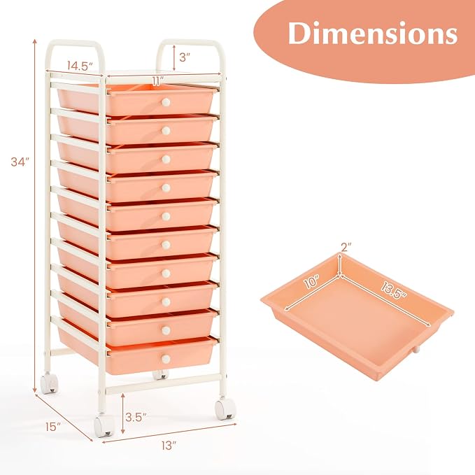 10 Drawer Rolling Storage Cart, Organization Cart on Drawers for Craft Makeup Paper Tool Art Supply, Versatile Utility Cart on Wheels for Home Office Classroom School (Peach)