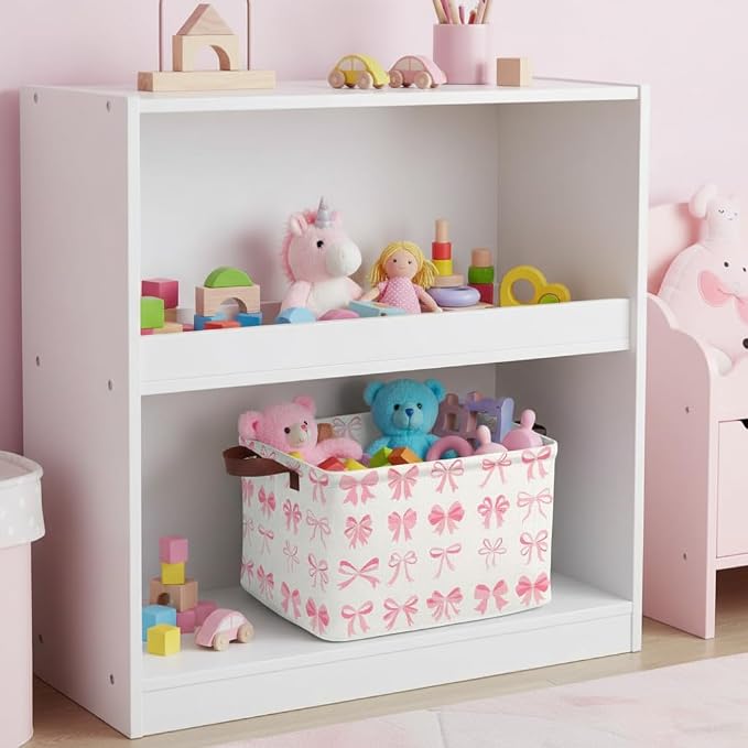 Pink Bow Decor Storage Basket Waterproof Canvas Toy Storage Bin Coquette Room Decor Collapsible Outdoor Basket with Leather Handles Pink Blanket Baskets For Closets,Bedrooms,Gifts Baskets