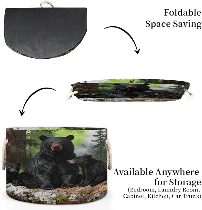 Large Storage Baskets - Black Bear Family Nursery Organizer Bin Box with Handles Collapsible Round Laundry Hamper for Kids Toys Pet Blanket, Bedroom Living Room Home Decor Gift Basket