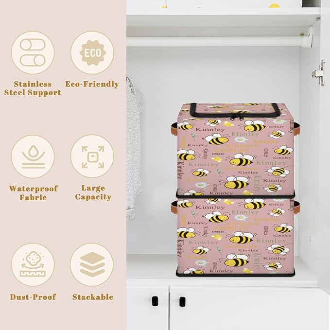 Custom Rectangle Storage Basket Zipper Lid, Personalized Name Organizer Bin for Pet/Children Toys, Books, Clothes, Perfect for Rooms/Playroom, Cartoon Bee with Daisy Floral Grey Pink