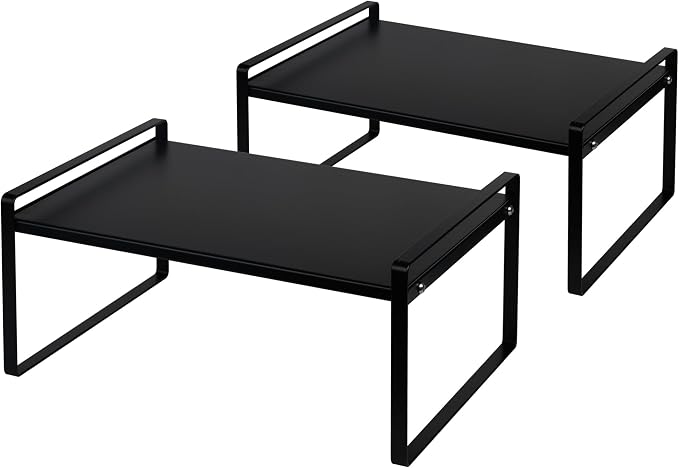 Nxconsu Stackable Cabinet Shelf Organizer 2 Pack, Wide Black | Heavy-Duty 3mm Steel Stackable 2-Tier Shelf, Holds 50 lb, for Kitchen Cabinet Pantry Cupboard Counter Bathroom Under Sink