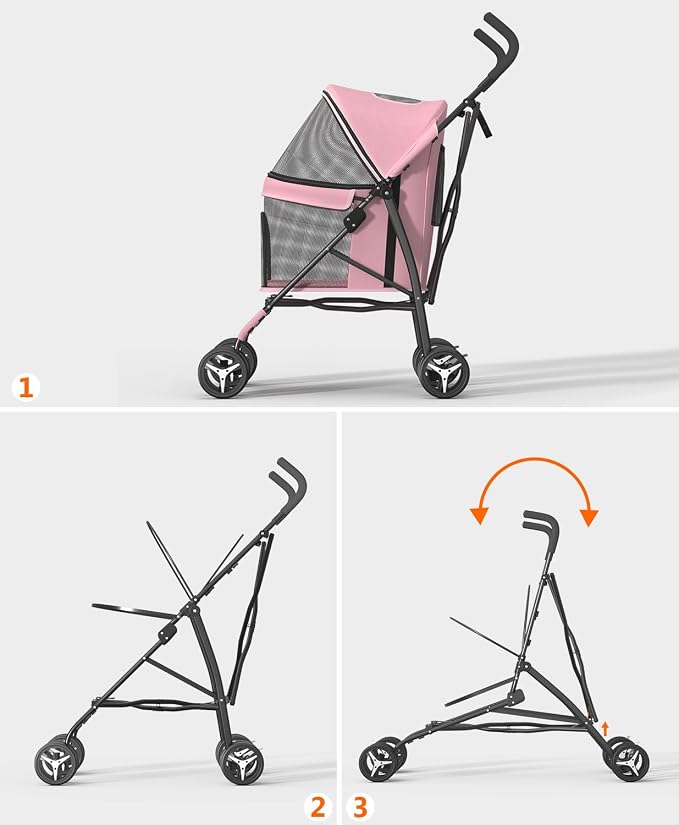 OS MOTOR 4 Wheels Pet Stroller for Small Medium Pets, Pink | Foldable Carrier Jogger, Rear Wheel Breaks, Storage Basket, Visible Mesh Weather Cover, Portable, Dog, Cat, Puppy, Kitty