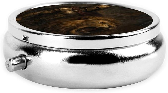 Medieval Knight and Lion Portable Pill Organizer | 3 Compartment, With Mirror, For Men Women, For Daily Supplements, Vitamins, Fish Oil, Jewelry, Candy, Travel
