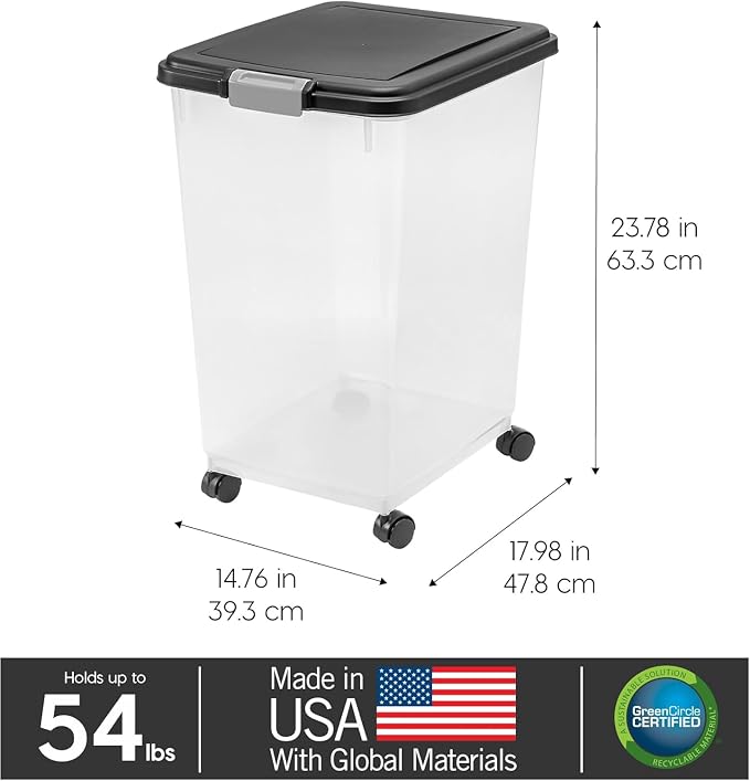 IRIS USA Dog Food Storage Container, Up to 54 lbs, Black, Made in USA | Wheels for Mobility, Airtight Seal, BPA-Free, Best for Bird Seed, Cat food, Cat Litter, Chicken Feed, Pellets, Flour, Rice