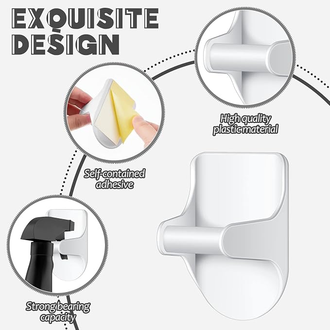 4 Pcs Wall Mount Spray Bottle Hooks Holder Spray Bottle Hanger Adhesive Hook to Create Storage Space Rack Organizer Hanger for Cabinet Kitchen Variety Surfaces (White)