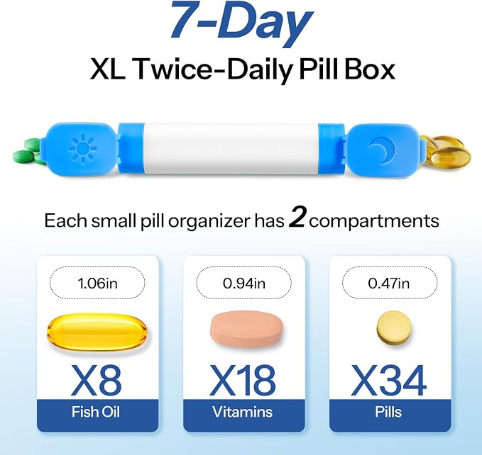 Daviky Weekly Pill Organizer 2 Times a Day, 7 Day AM PM Travel Pill Box | 14 compartments for 7-day AM PM use, compact and travel-friendly, with clear labels and secure storage for pills and vitamins