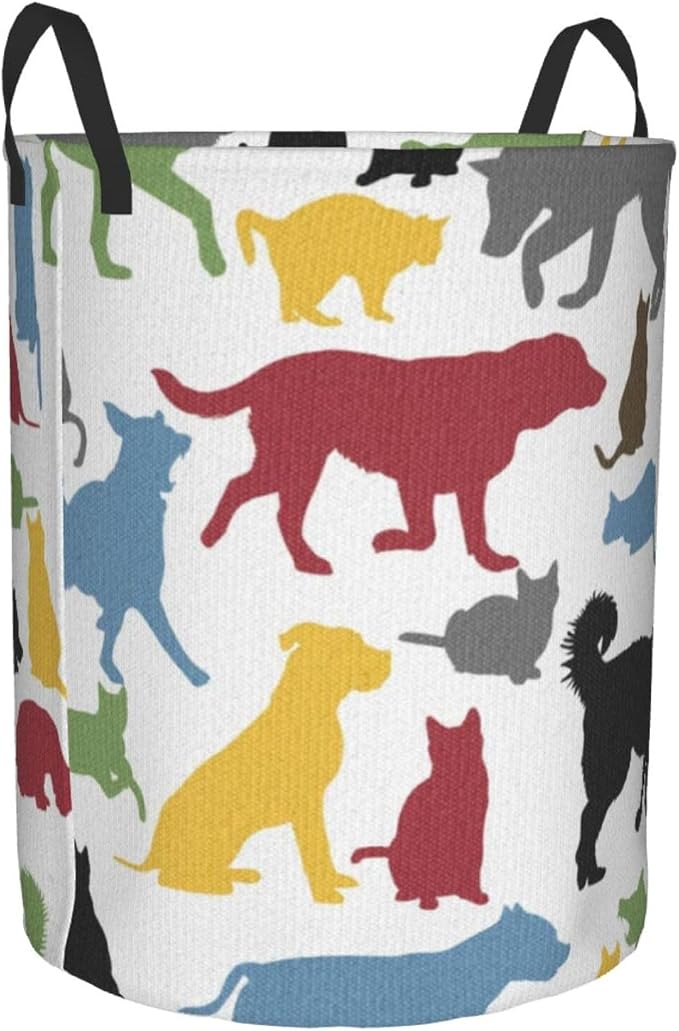 Cats And Dogs Animal Silhouettes Domestic Pets Cartoon Portable Round Hamper For Bedroom Bathroom