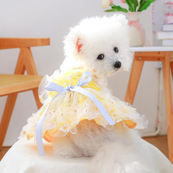 Yellow Small Dog Dress Female with Daisy Pattern Sleeveless Puppy Clothes for Girl Dog Outfit Bow Knot Cat Dresses Summer Pet Sundress Holiday Cat Apparel (Yellow, X-Small)