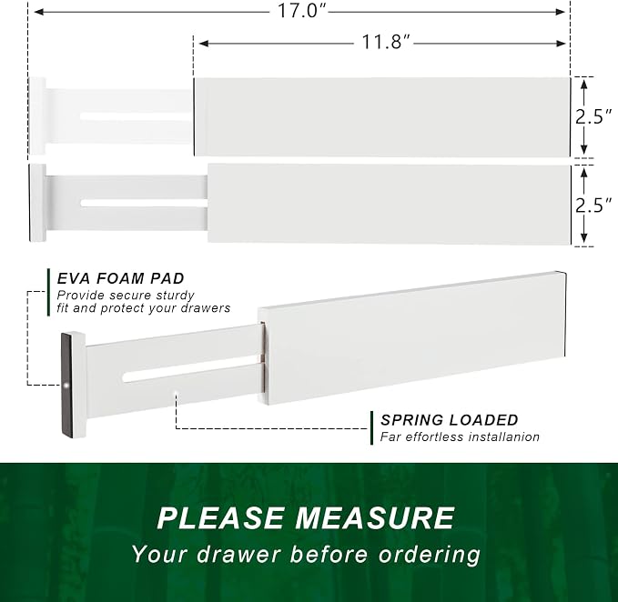 4 Pack Bamboo Drawer Dividers 2.6" High, Adjustable from 12 Inch to 17 Inch | Expandable Kitchen Drawer Organizer Separators for Clothes, Kitchen, Bedroom, Dresser, Office (White)