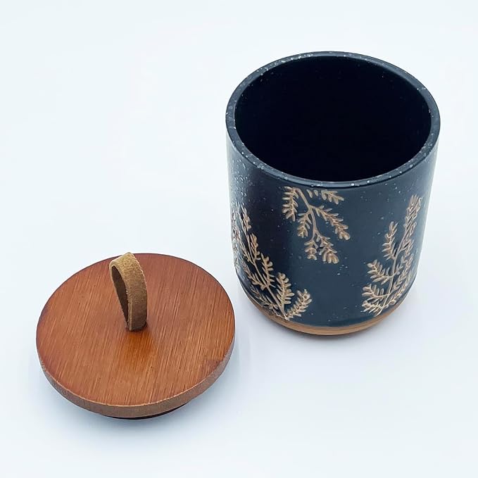 10oz Ceramic Airtight Food Storage Container with Wooden Spoon for Sugar,Matcha,Salt,Coffee,Spices,Cat Treat,Loose Leaf Tea(Black Botanical Fern Pattern)