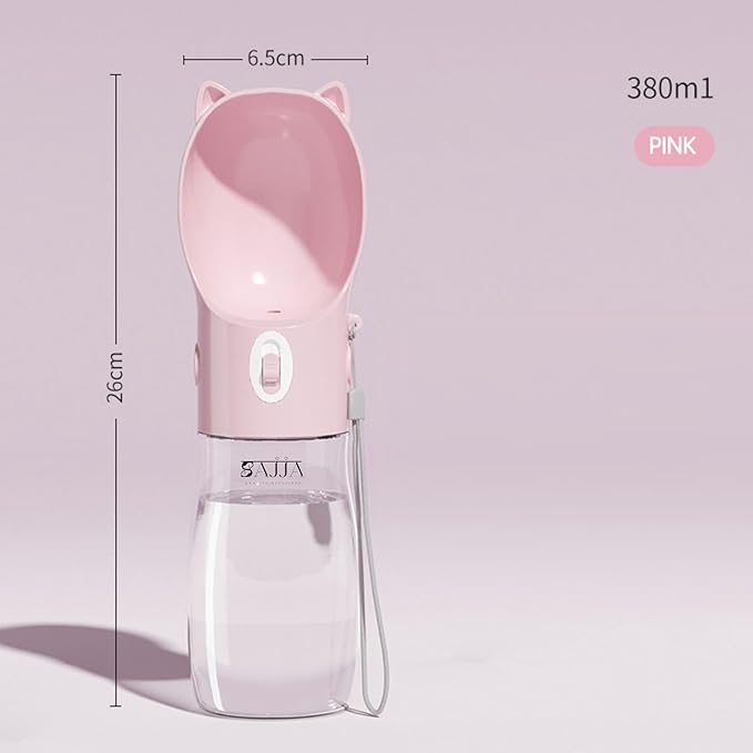 Dog Water Bottle Dispenser 380ml – Leak-Proof Lock, One-Hand Operation | Portable Pet Travel Water Bottle with Built-in Bowl | Pink