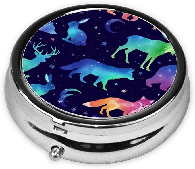 Travel Pill Dispenser, Round Small Organizer, Metal Case for Medicine, Pocket Purse Container for Camping Trips, Space Galaxy Deer Bear Moose Fox Wolf Wild Animals