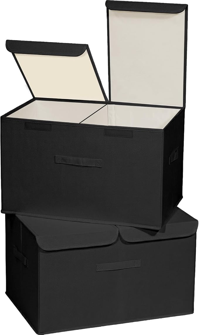 2 Pack Storage Boxes with Lids and Handles, Collapsible Linen Storage Bins Organizer Containers Baskets Cube with Removable Divider for Home Bedroom Closet Office (Black, XL)