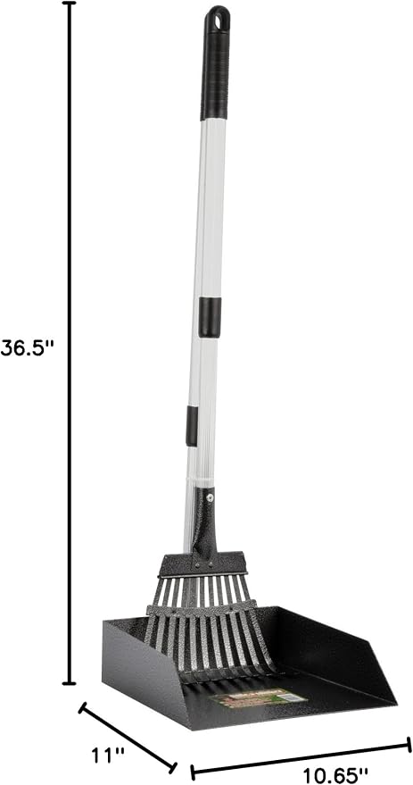Precision Pet Little Stinker Poop Scoop Pan with Rake, Large, Silver/Black | Zinc Plated Steel Rake and Deep Scoop Pan with Aluminum Handle that Extends to 44 In, Hanger Hooks for Storage