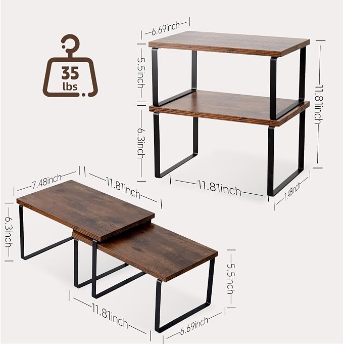 2 Pack Expandable Cabinet Shelf, Wood & Metal (Brown) | 2pack expandable cabinet shelf organizer 11.8-23.2 wood&metal 35lbs brown kitchen pantry spice rack stackable