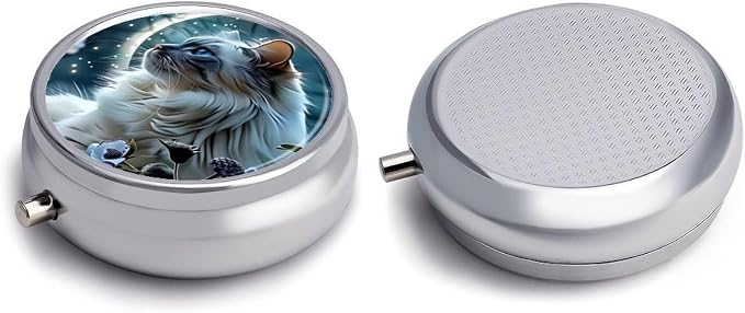 White Cat Pattern Metal Round Pill Box, 3 Compartment Travel Organizer, Portable Pill Container with Secure Latch, 2 Inch Circular Vitamin Caddy for Pills and Vitamins, Gift for Him Her Elderly
