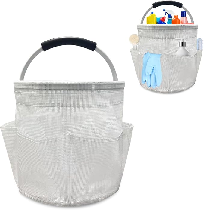 17L Cleaning Caddy with Handle, Foldable Cleaning Supply Caddy with 6 Pockets Cleaning Caddy Bag for Outdoor Camping Garden Harvest Basket Bathroom Storage (Clear)