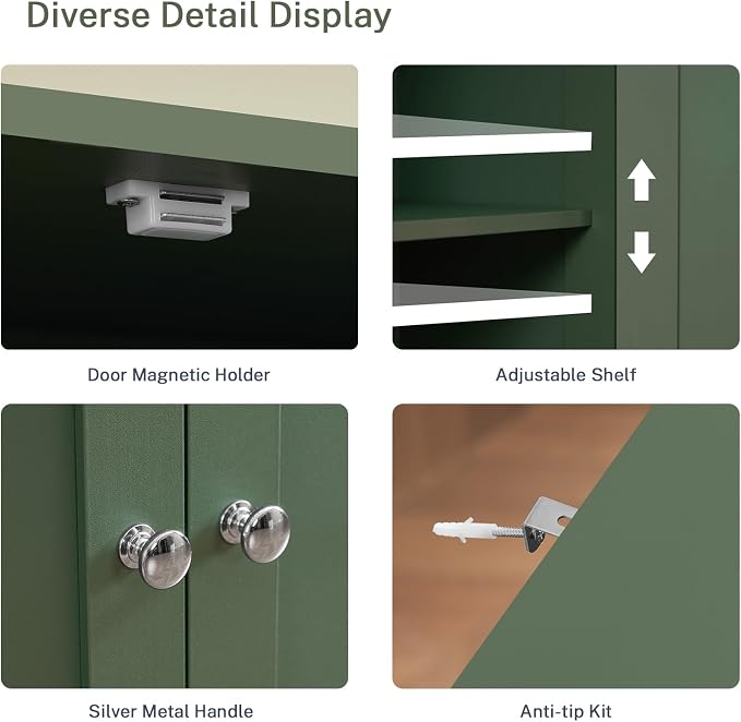 TEENFON 57.8" H Tall Bathroom Storage Cabinet with 2 Drawers & 2 Adjustable Shelves, Floor Cabinet with 4 Doors, Tall Cabinet for Living Room, Dining Room, Entryway, Forest Green