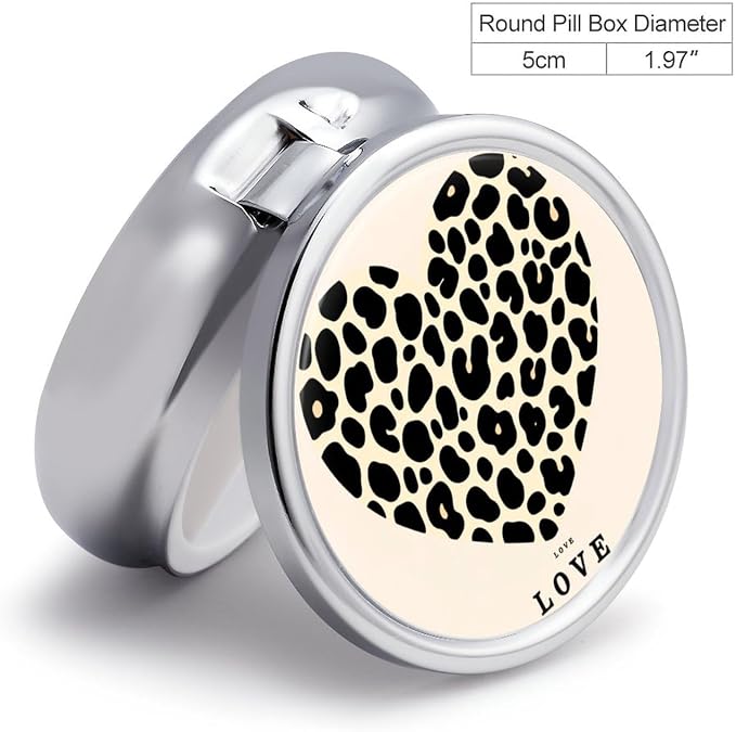 Leopard Print Heart Metal Round Pill Box, 3 Compartment Travel Organizer, Portable Pill Container with Secure Latch, 2 Inch Circular Vitamin Caddy for Pills and Vitamins, Gift for Him Her Elderly