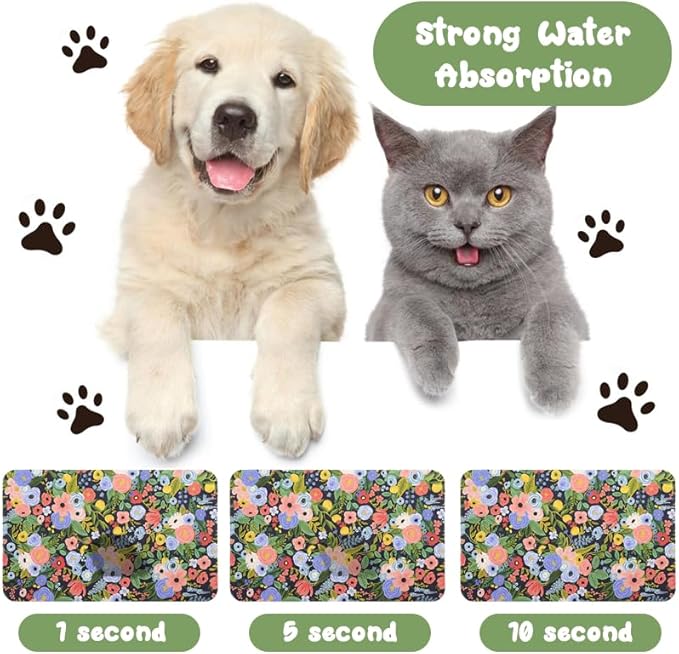 Dog Food Mats for Floors Waterproof, Pet Water Bowl Mats Pet Feeding Absorbent Placemats Flower 12 * 20 inch
