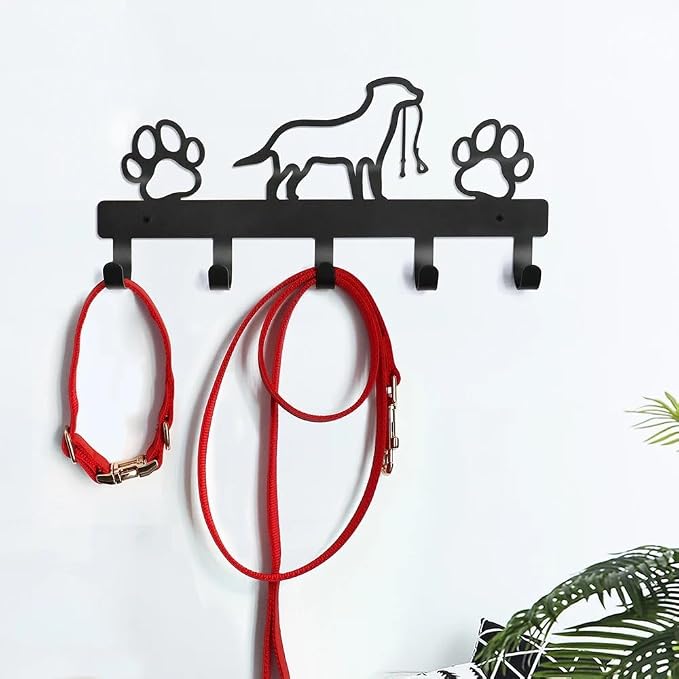 Matte Black Metal Dog Leash & Key Wall Rack – 5-Hook Entryway Pet Accessory Organizer Hanger with Silhouette Canine and Paw Prints Design