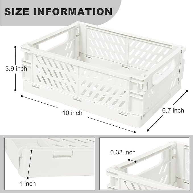 Tobeso-Nuoze Small Pastel Plastic Storage Bins 2Pcs Foldable Pastel Crates | Basket Colorful Storage Containers Baskets for Classroom Kitchen Office Bedroom Desktop Home Decor (White 9.8" x 6.5" x 3.8")