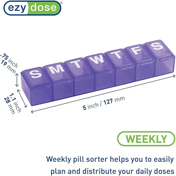 EZY DOSE Weekly (7-Day) Pill Organizer, Daily Vitamin Planner, Medicine Container, Case for Supplements and Fish Oils, Medium Compartments, Colors May Vary