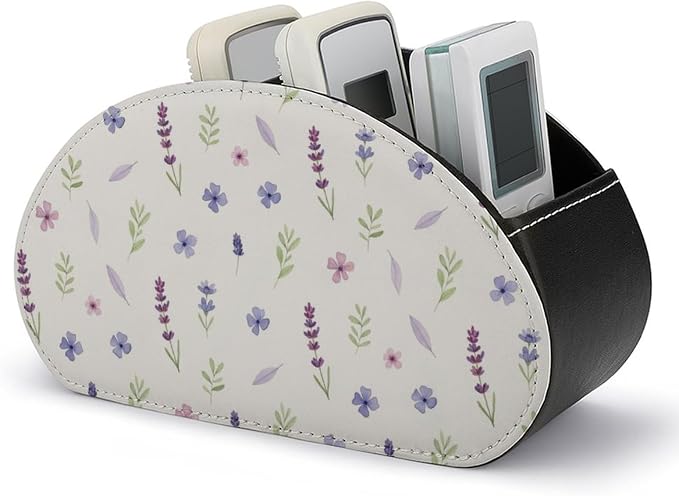 TV Remote Control Holder Purple Lavender Floral Desktop Storage Caddy Box | Pu Leather Makeup Organizer, 5 Compartments, Purple Lavender Floral Flower Botanical, Fit for Media Player, Office Supplies