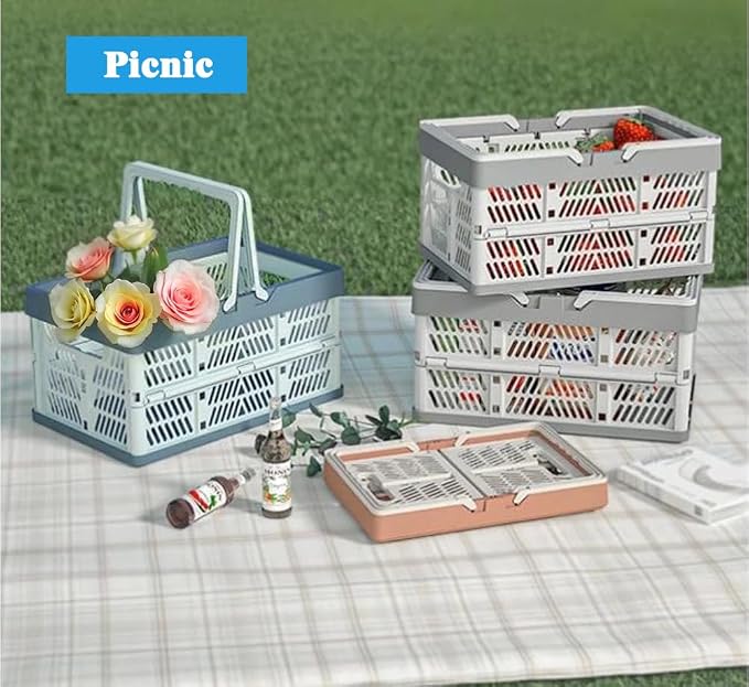 Collapsible Storage Crate with Handles, 20L Foldable Plastic Basket, Organizer Container (Light blue, M)