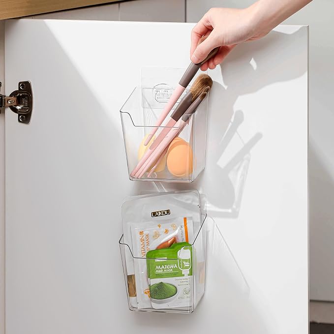 8-Pack Adhesive Cabinet Door Organizer Bathroom, Hanging Storage Bins, Stick on Wall Storage Container, Floating Bins Wall Mounted Organizer Under Sink Caddy for Kitchen Pantry Storage, Office, Dorm
