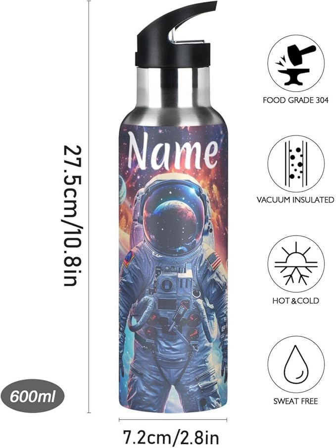 Custom Name Astronaut Planets Galaxy Space Water Bottle with Straw Lid Kids Insulated Stainless Steel Water Flask Sports, 20 Oz Hot Cold
