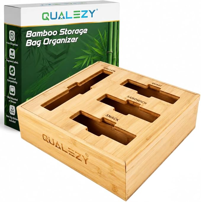 Bamboo Storage Bag Organizer for Drawer | 4-in-1 Baggie Organizer, Kitchen Drawer, Wall Mount & Countertop, Gallon, Quart, Sandwich & Snack, Engraved Labels