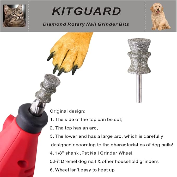 Diamond Dremel Dog Nail Grinder Bits for Rotary Tool-1/8'' Dremel Dog Nail Grinder Attachment-Pet Nail Grinder Bit Work for Animals Nail Care Large A 1P