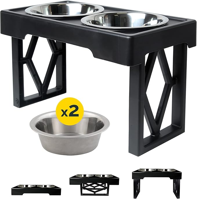 Pet Zone Designer Diner Elevated Stainless Steel Dog Bowls Set, 3 Heights | Raised stand adjusts 2.75, 8 and 12 inches, suits small, medium and large breeds, food and water dishes included in bundle