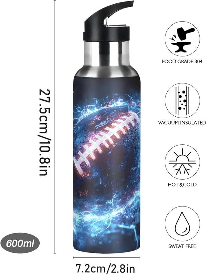 American Football Blue Lightning Water Bottle with Straw Lid Kids Insulated Stainless Steel Water Flask Sports, 20 Oz Hot Cold