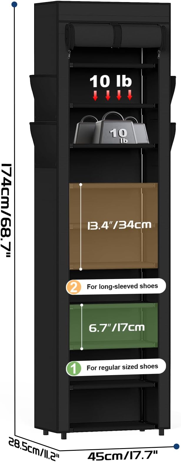 Shoe Rack with Cover, 10 Tier Tall Shoe Organizer for 18-22 Pairs of Shoes | Shoe Organizer with 4 Side Pockets, Shoe Cabinet for Entryway, Closet