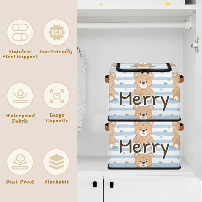 Custom Cute Bear Storage-Bin With Zipper Lid for Kids-Girls-Boys-Baby-Pet,Personalized Name Foldable Storage Box with Handle,Baby Basket With Label for Bedroom Nursery Toy Clothes,White Blue Stripe